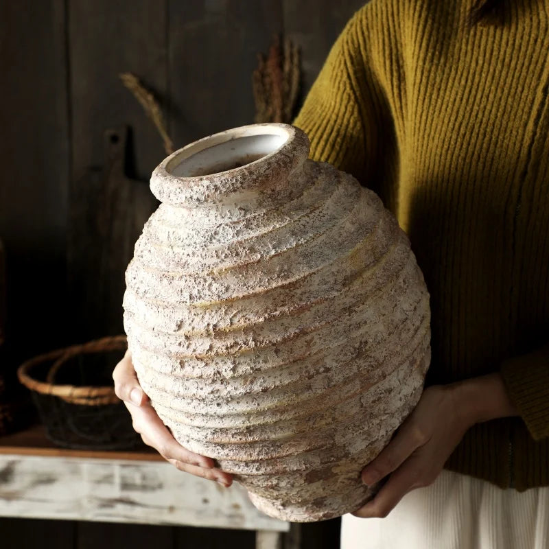 Rustic Clay Vase, Vintage Distressed Pottery Vase