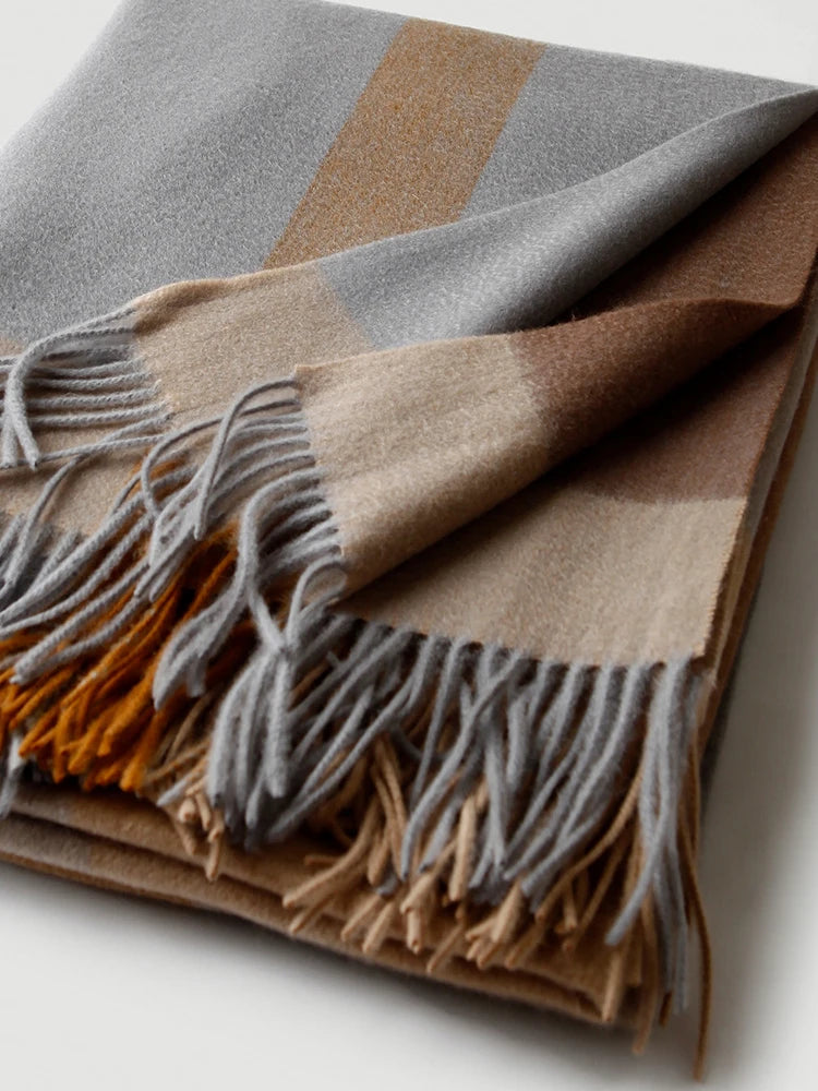 Lambswool Plaid Blanket, Fringed Wool Throw