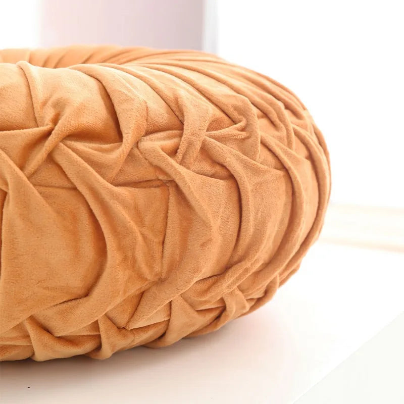 Pleated Velvet Pumpkin Pillow, Round Tufted Throw Cushion