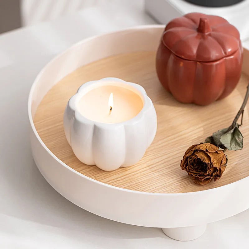 Ceramic Pumpkin Candle Jar with Lid, Matte Pumpkin Candle Holder