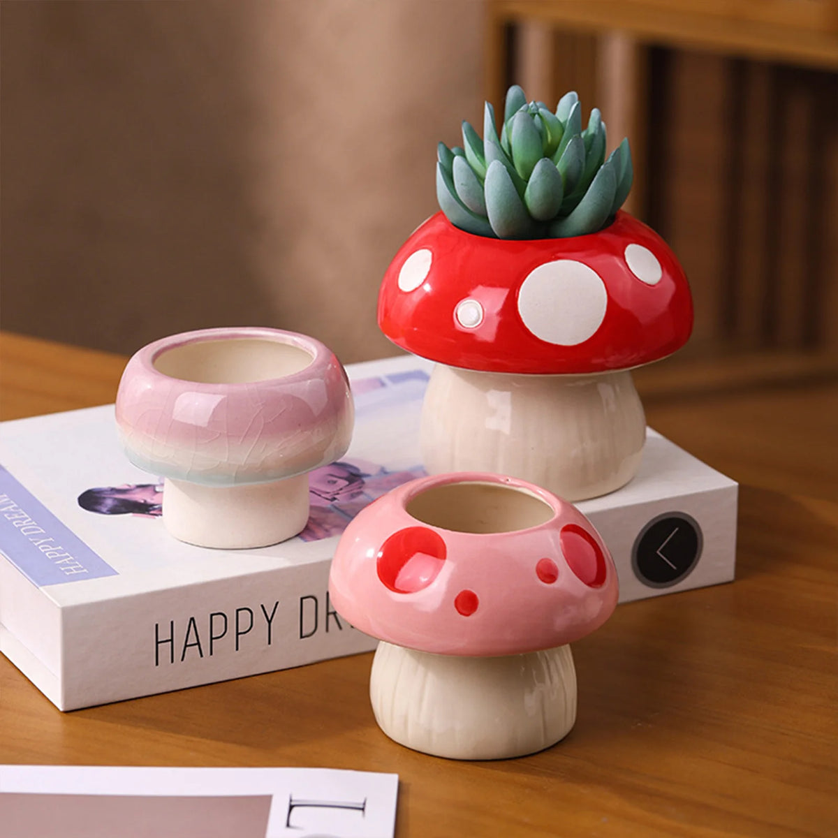 Mushroom Ceramic Vase, Red & Pink Toadstool Planter