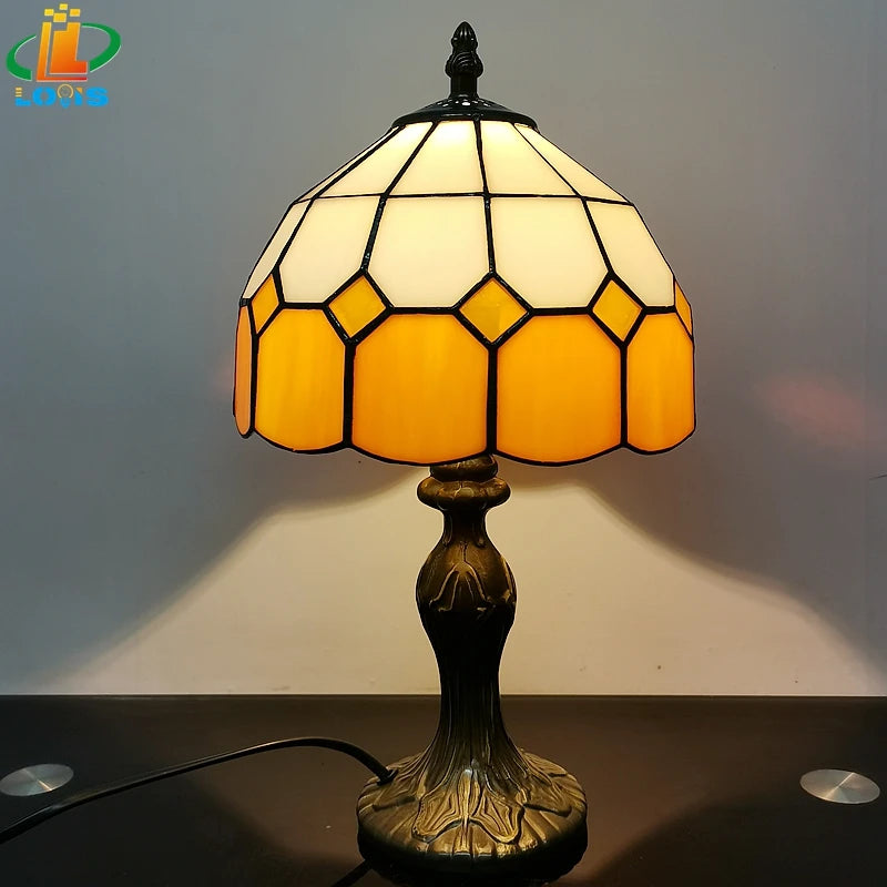 Tiffany-Style Checkered Glass Table Lamp, 8 Inch Bedside Lamp