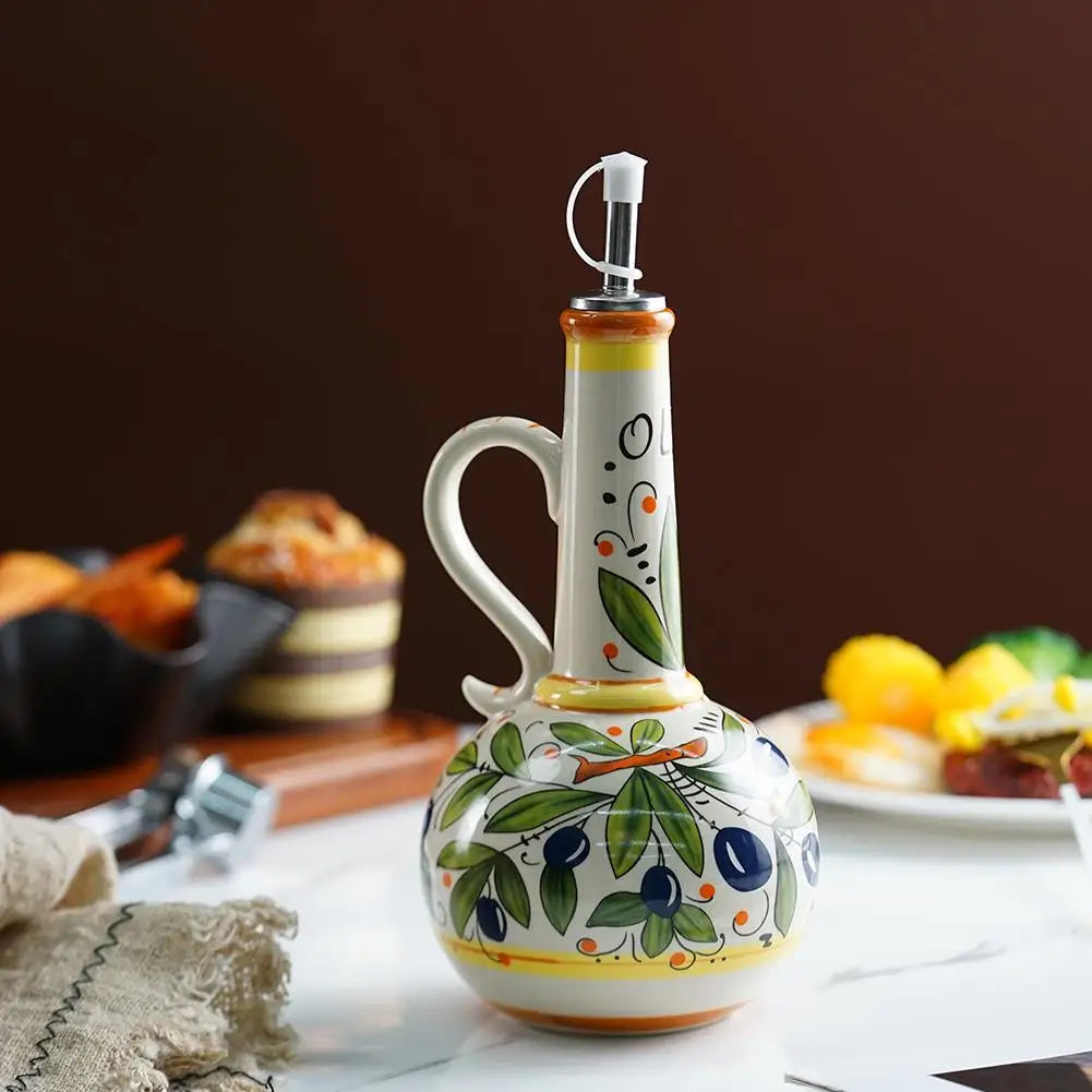 Hand-Painted Ceramic Olive Oil Bottle, Italian-Style Oil Dispenser