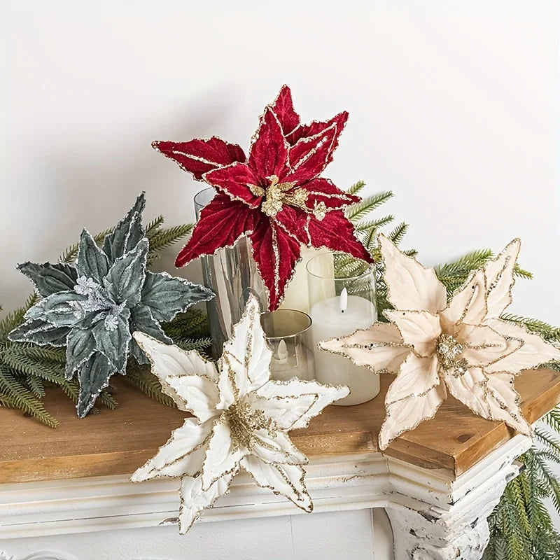 Velvet Poinsettia Stems, Glitter Christmas Flowers (Set of 4)