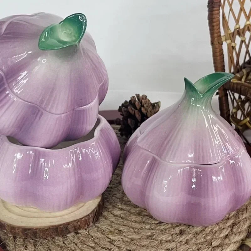 Purple Garlic Jar, Ceramic Lidded Storage Canister