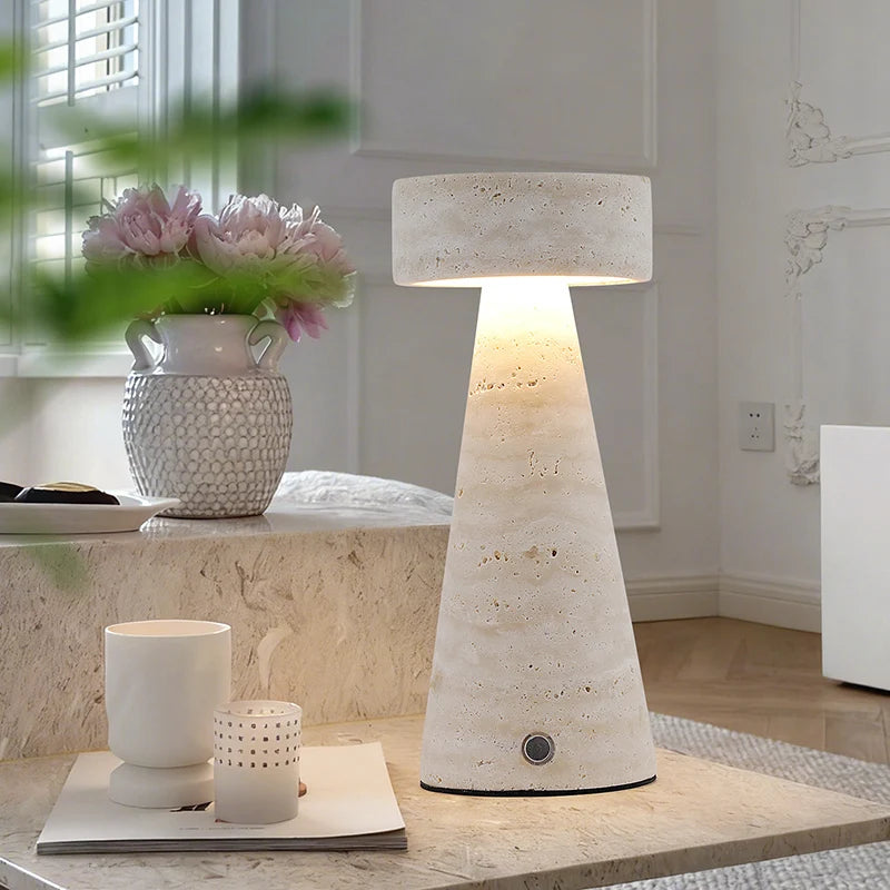 Travertine Table Lamp, Cordless Rechargeable Stone Lamp