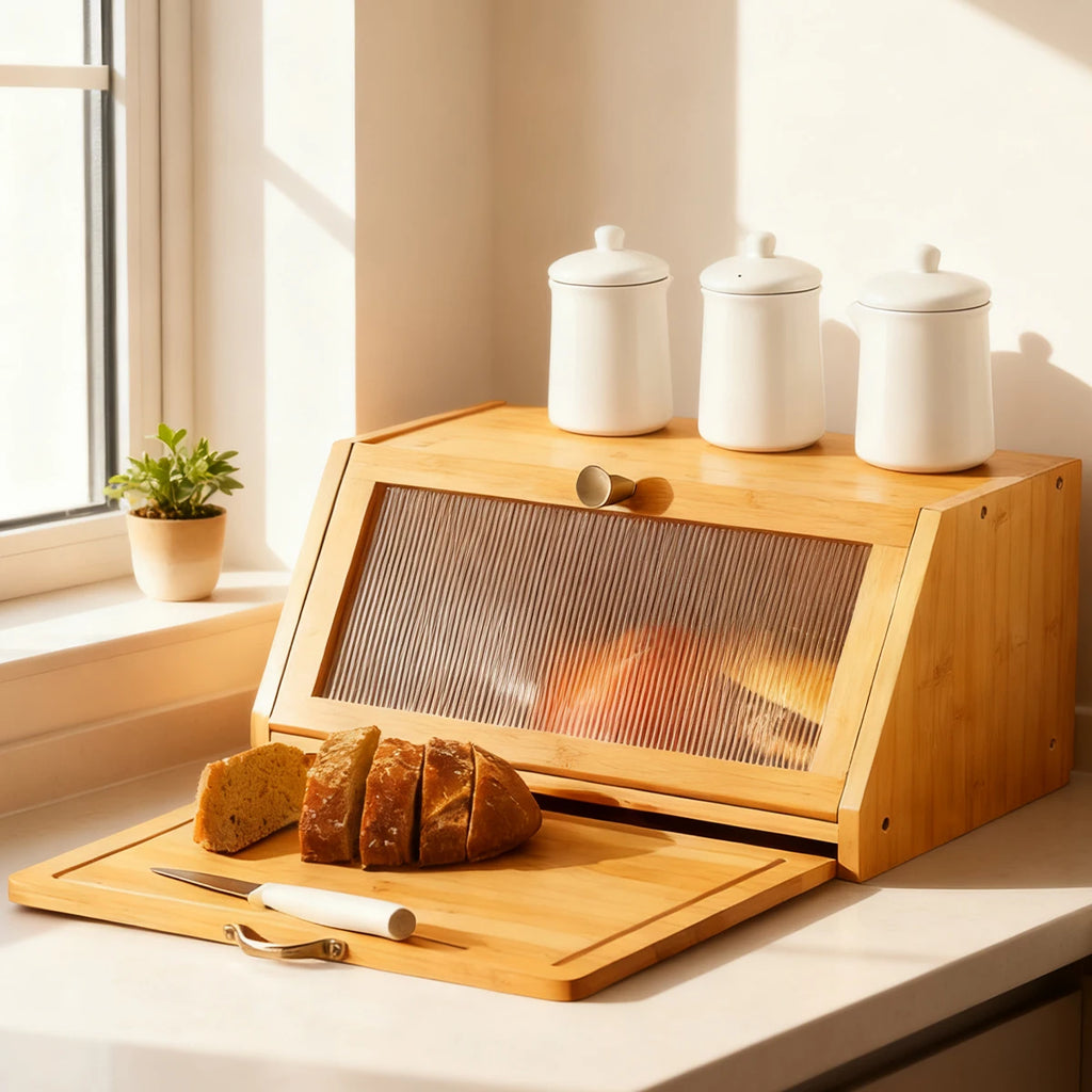Bamboo Bread Box with Cutting Board, Countertop Bread Bin