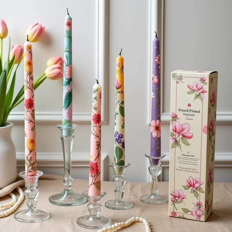 Printed Taper Candles, Hand-Painted Floral Dinner Candles (Set of 2)