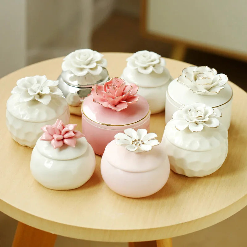 Porcelain Flower Trinket Jar, Lidded Jewelry Box