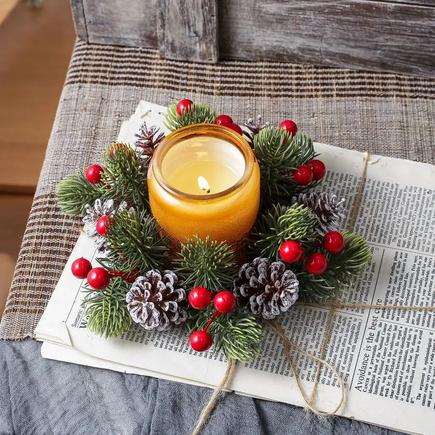 Pinecone & Berry Candle Ring, Christmas Wreath Centerpiece