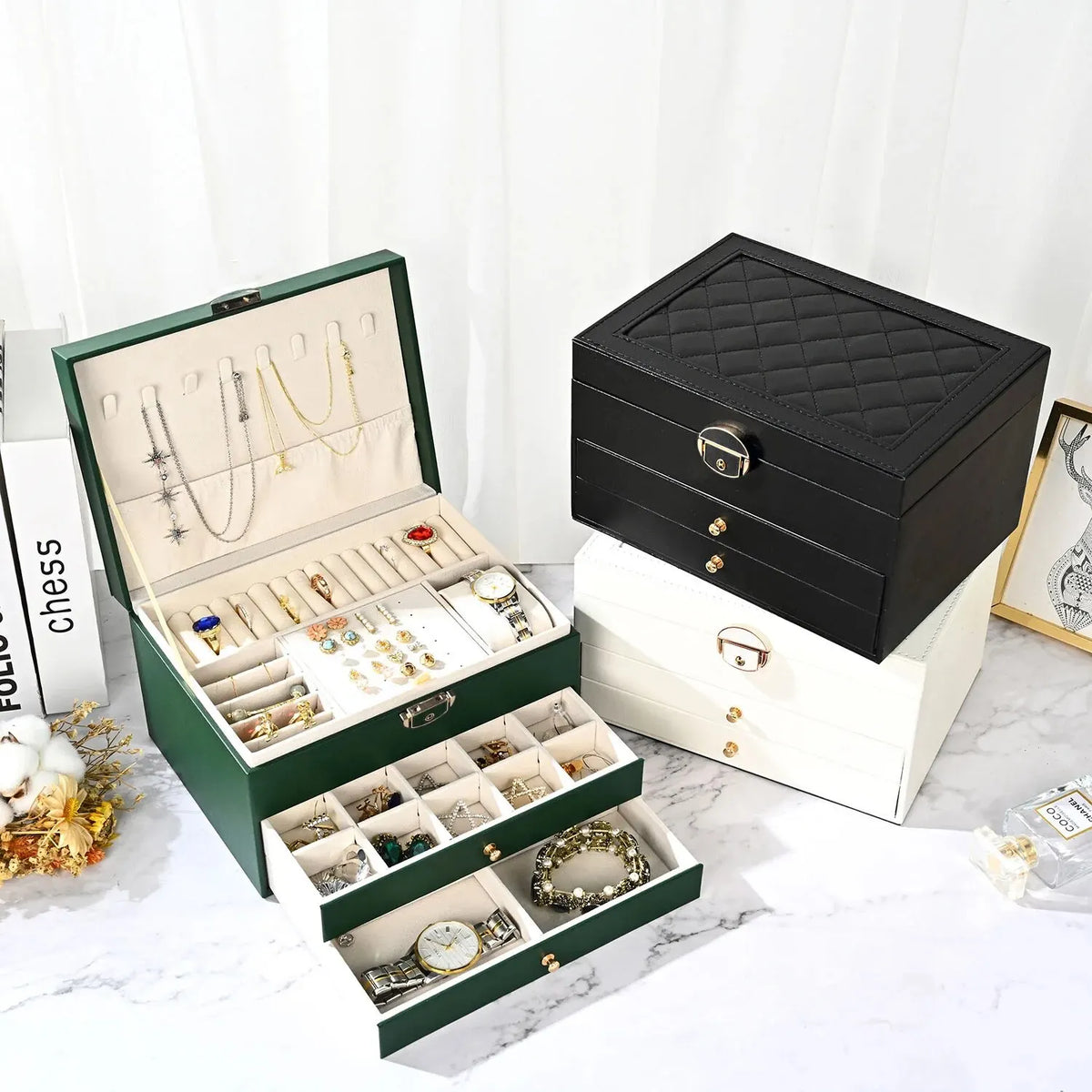 Quilted Leather Jewelry Box, 3-Tier Drawer Organizer