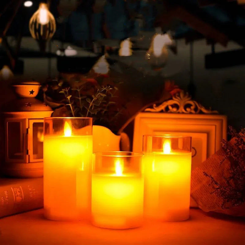 Real Wax Flameless Pillar Candles, Rechargeable LED Set of 3 in Glass