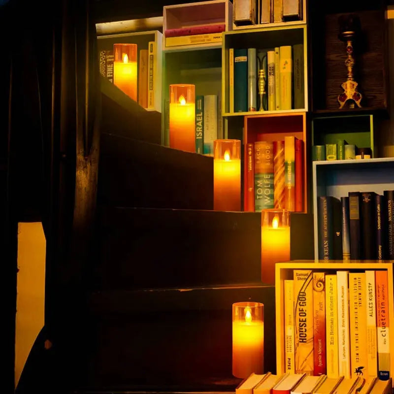 Real Wax Flameless Pillar Candles, Rechargeable LED Set of 3 in Glass