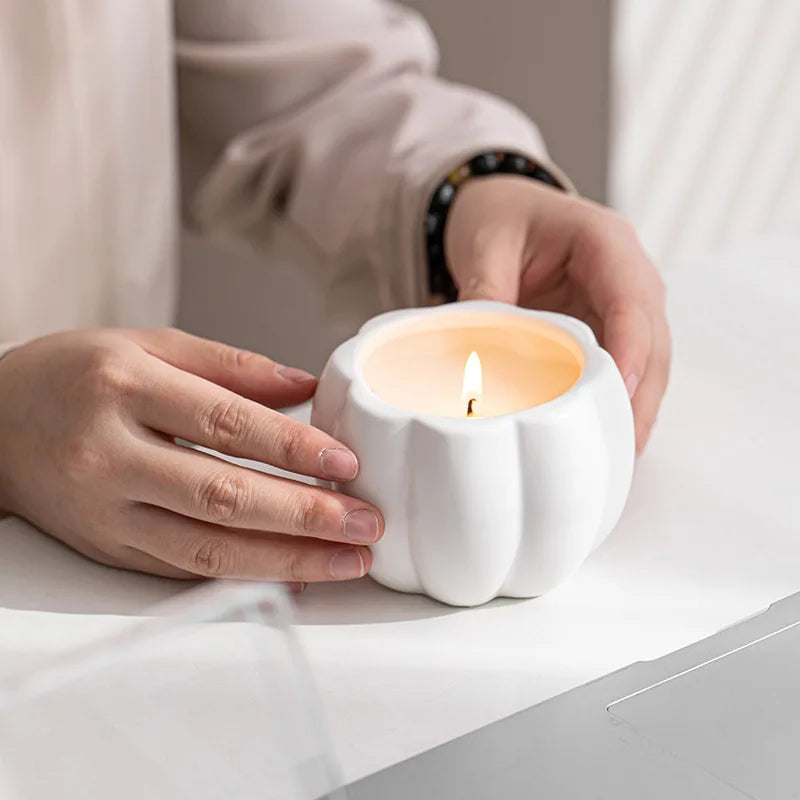 Ceramic Pumpkin Candle Jar with Lid, Matte Pumpkin Candle Holder