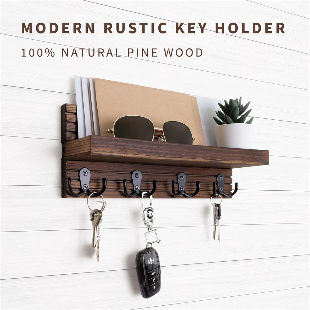 Rustic Wall Key Holder, Wooden Mail Shelf with 4 Hooks