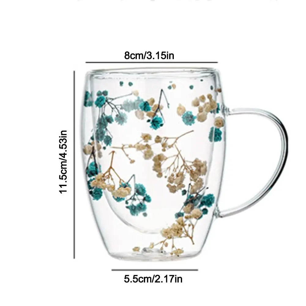 Dried Flower Glass Mug, Double Wall Coffee Cup (350ml)