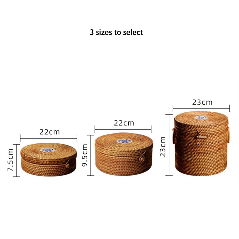 Handwoven Rattan Storage Box, Lidded Basket with Porcelain Inlay
