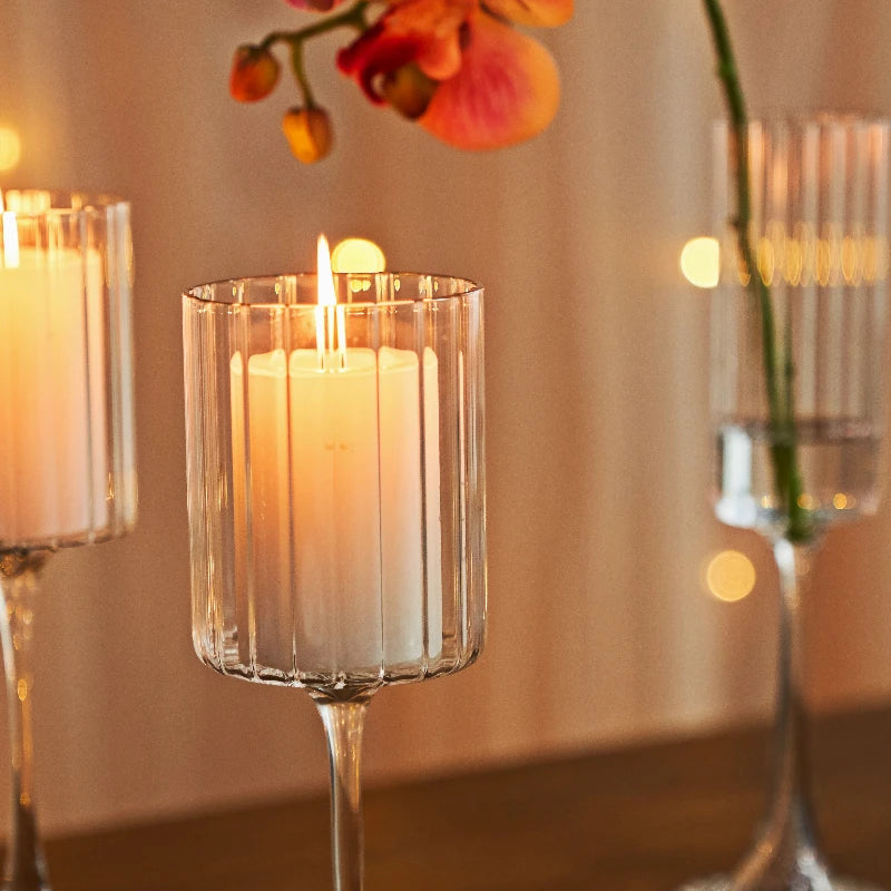 Ribbed Glass Hurricane, Pedestal Pillar Candle Holder