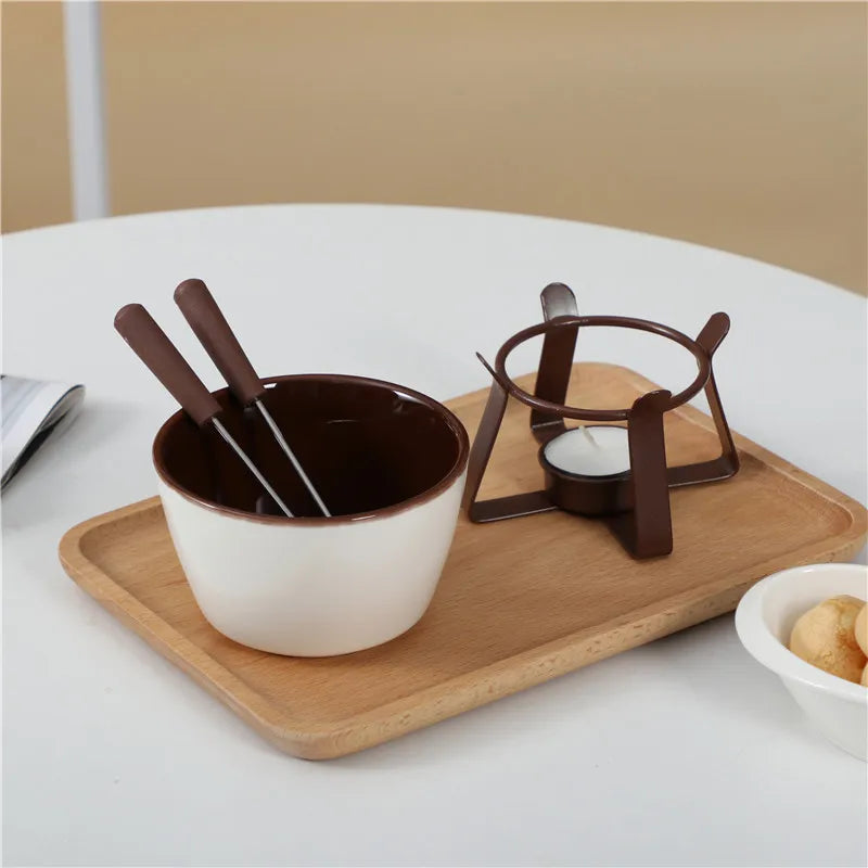 Ceramic Fondue Set, Tealight Chocolate & Cheese Pot with Forks