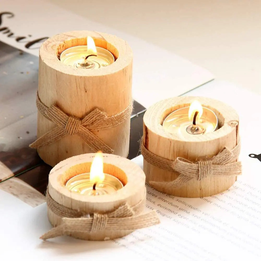 Wooden Tealight Candle Holders, Rustic Set of 3