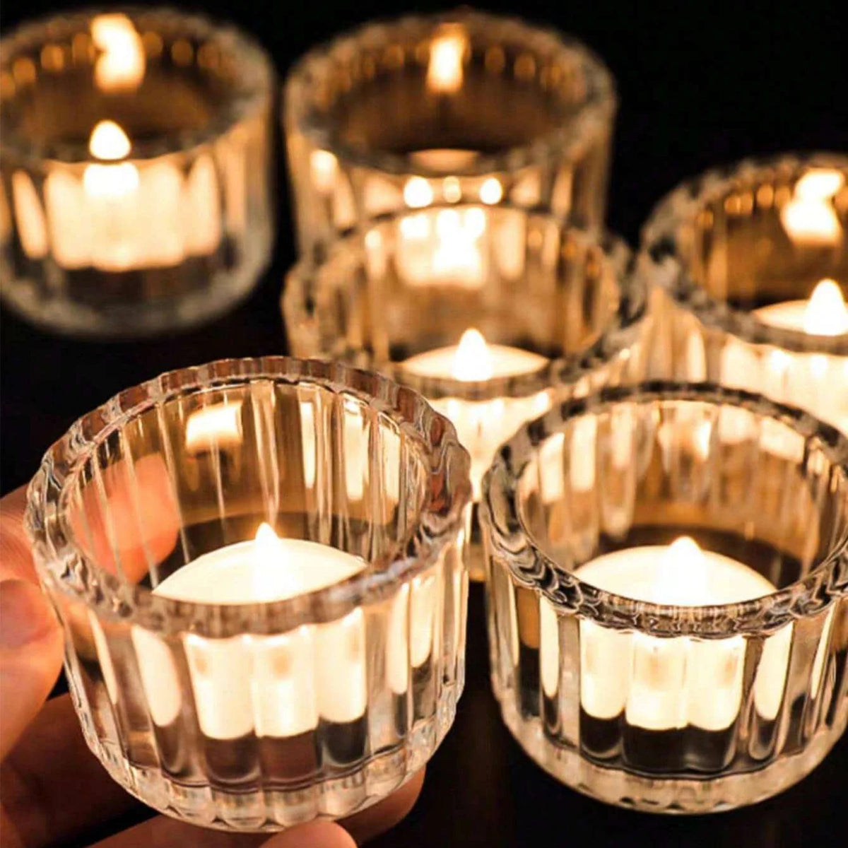 Ribbed glass tealight holders, set of 2