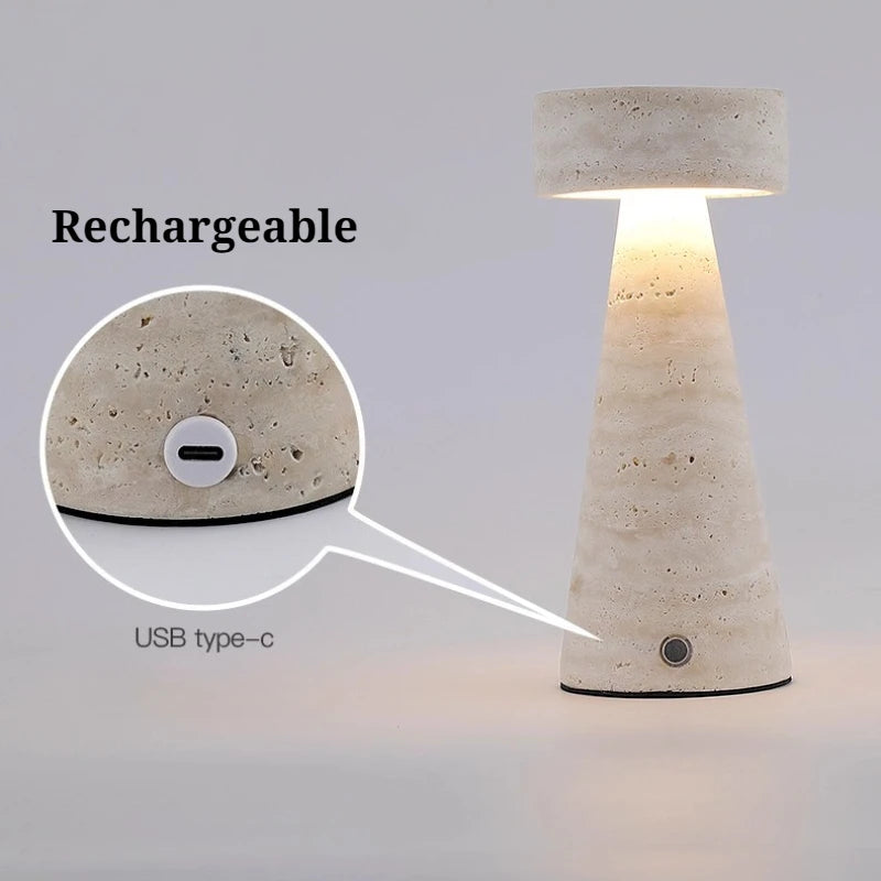 Travertine Table Lamp, Cordless Rechargeable Stone Lamp