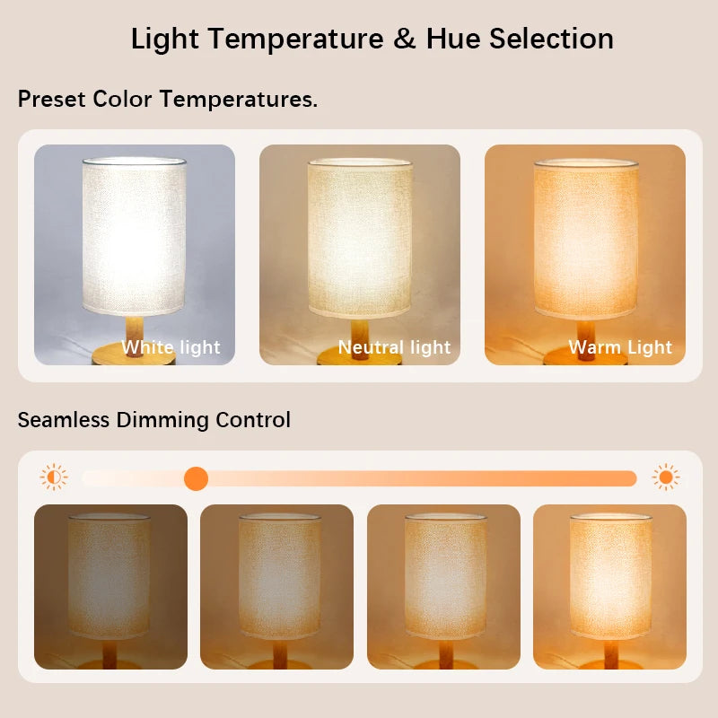 Linen Shade Table Lamp, Japandi Wood Bedside Lamp