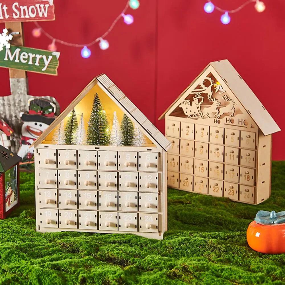 Wooden Advent Calendar House, 24 Drawers with Pine Tree Window