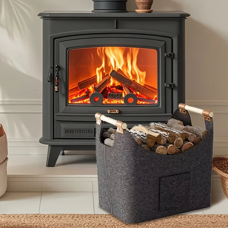 Felt Firewood Basket with Wood Handles, Foldable Log Holder