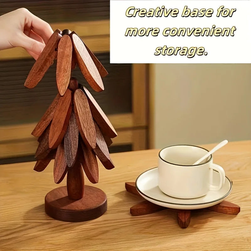 Tree Trivet Set, Folding Wooden Trivets on a Stand