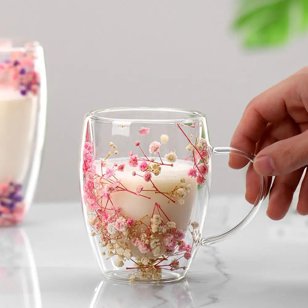 Dried Flower Glass Mug, Double Wall Coffee Cup (350ml)