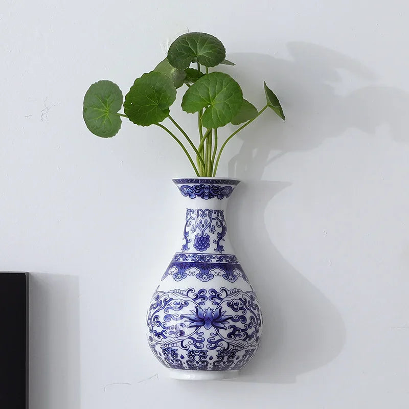 Blue & White Porcelain Wall Vase, Hanging Plant Vase