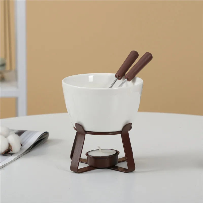 Ceramic Fondue Set, Tealight Chocolate & Cheese Pot with Forks