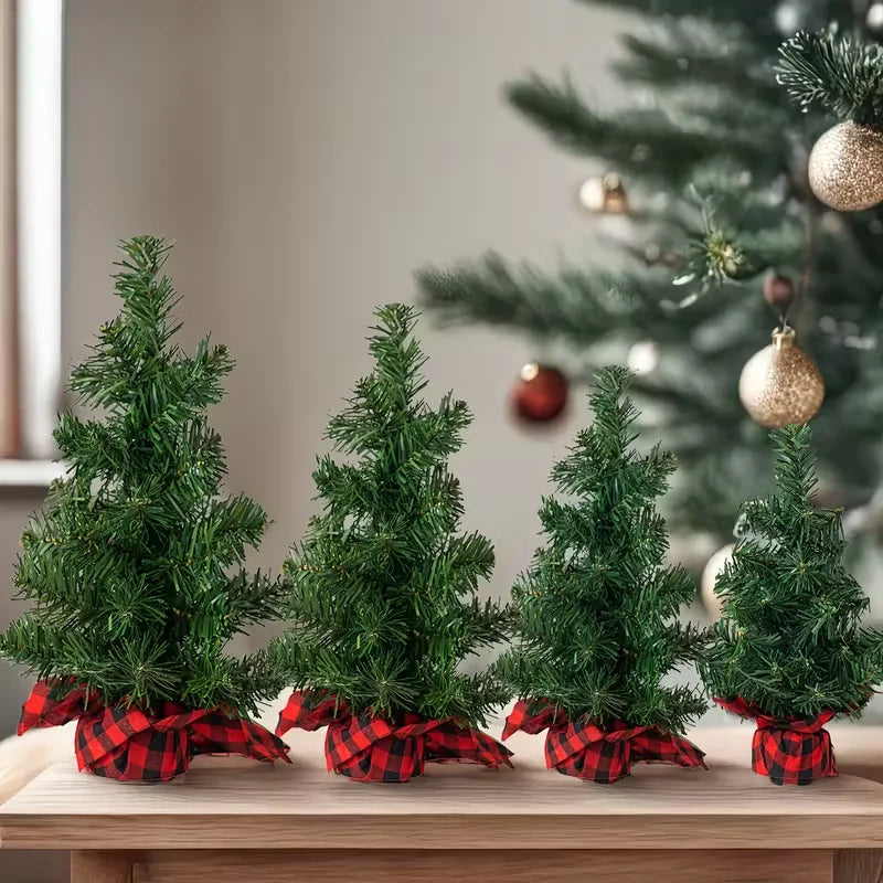Mini Christmas Tree with Plaid Base, Tabletop Pine Tree