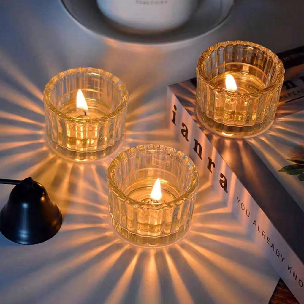 Ribbed glass tealight holders, set of 2