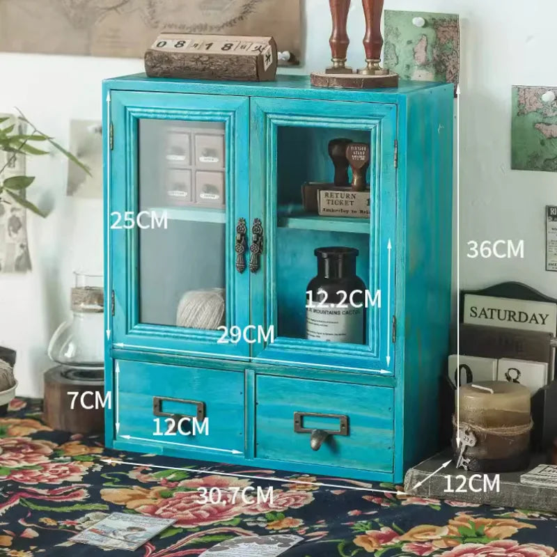 Vintage Wood Mini Cabinet, Tabletop Cupboard with Glass Doors & Drawers
