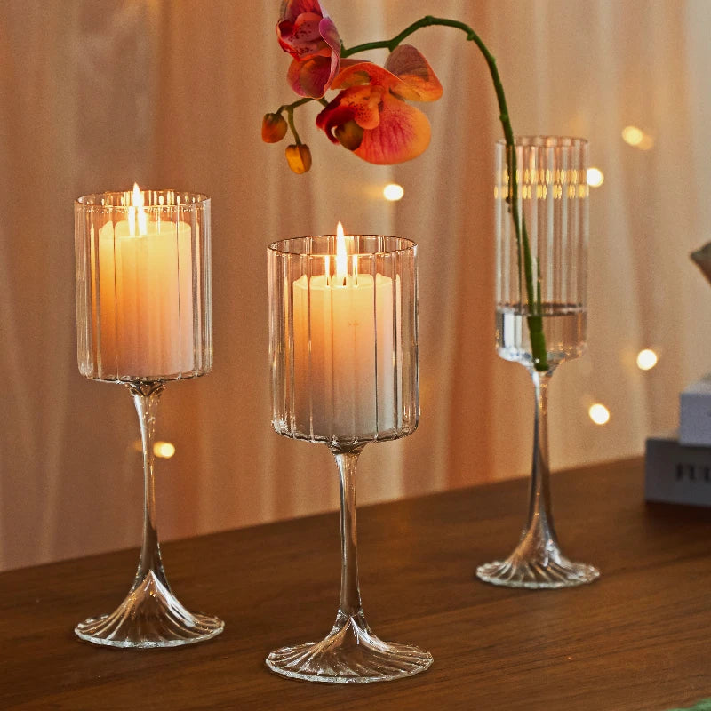 Ribbed Glass Hurricane, Pedestal Pillar Candle Holder