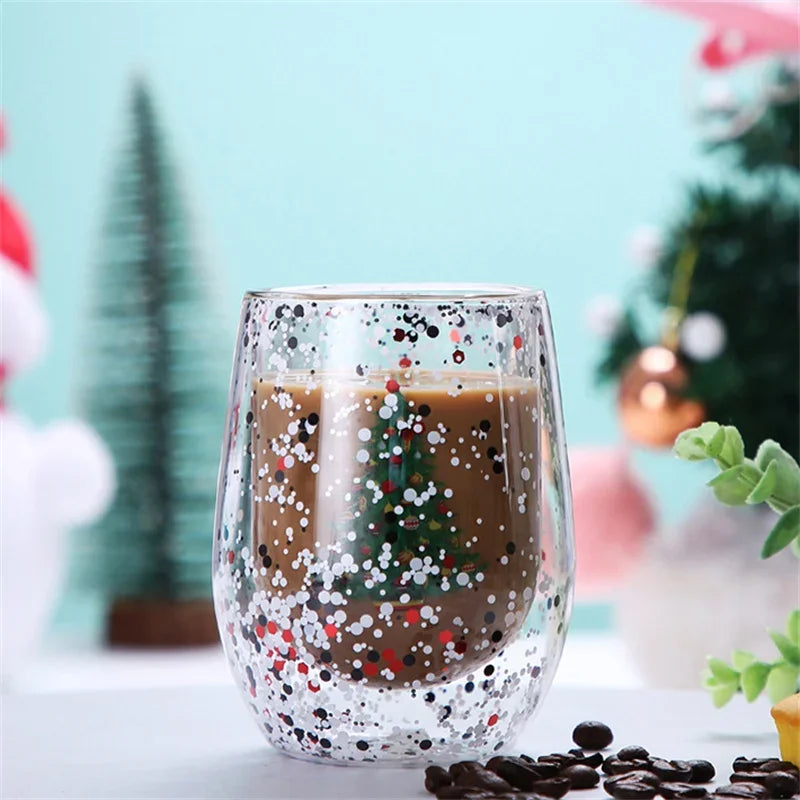 Christmas Glitter Glass Cup, Double Wall Snow Globe Mug (300ml)