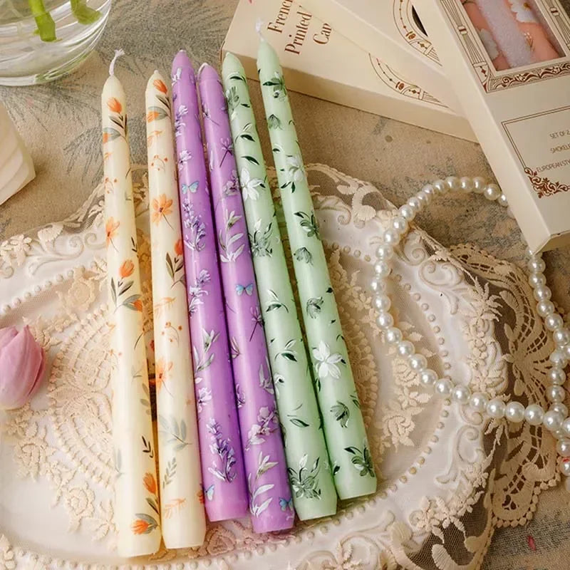 Printed Taper Candles, Hand-Painted Floral Dinner Candles (Set of 2)