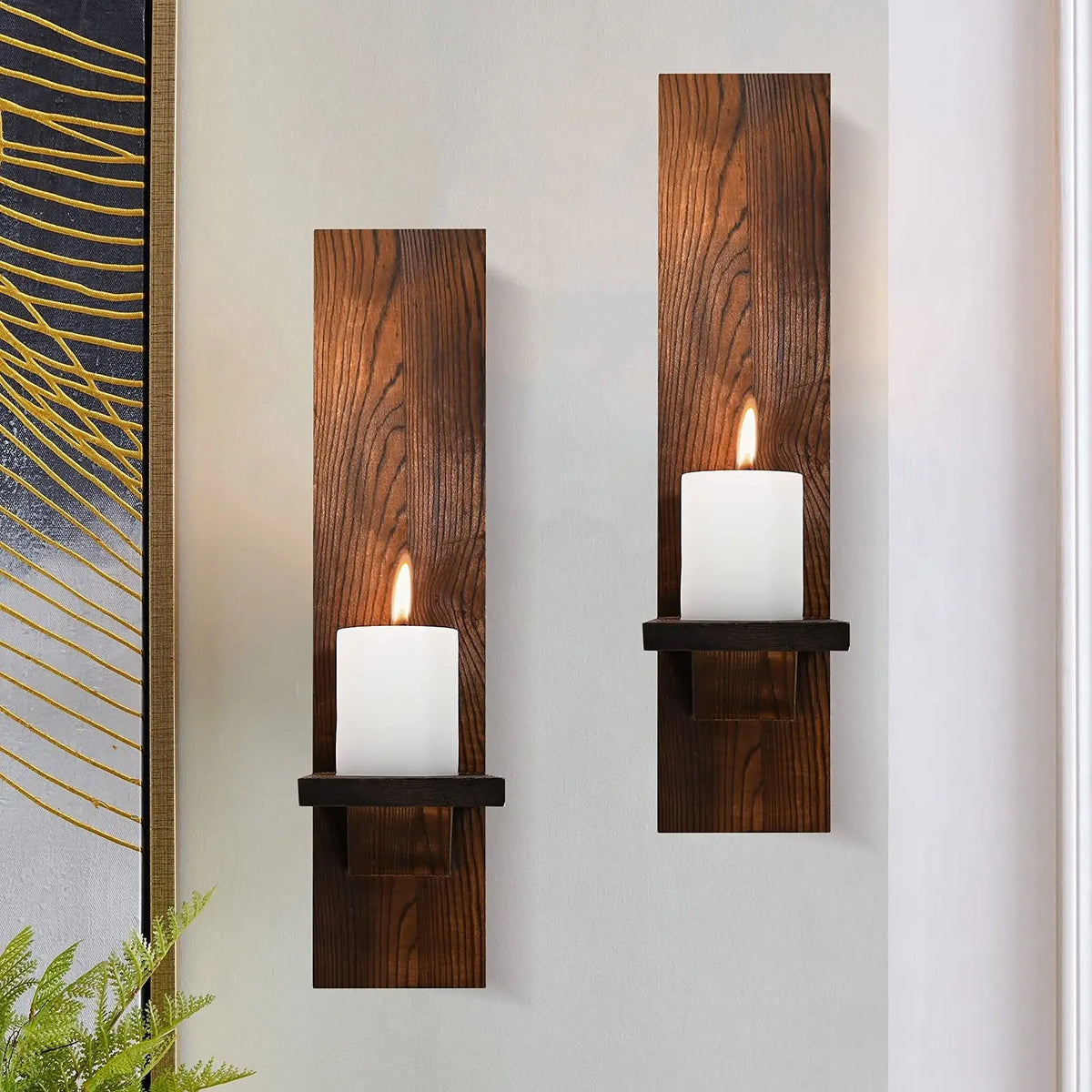 Wooden Candle Sconces, Rustic Wall Pillar Holders (Set of 2)