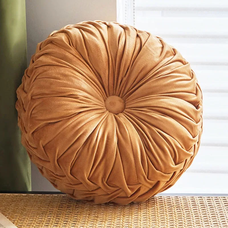 Pleated Velvet Pumpkin Pillow, Round Tufted Throw Cushion