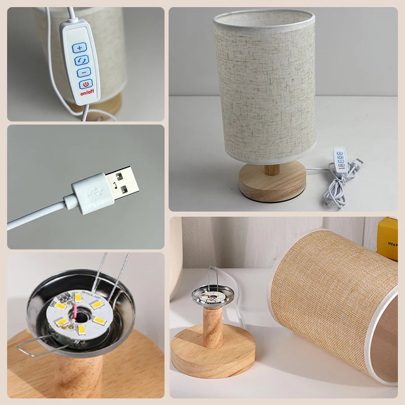 Linen Shade Table Lamp, Japandi Wood Bedside Lamp