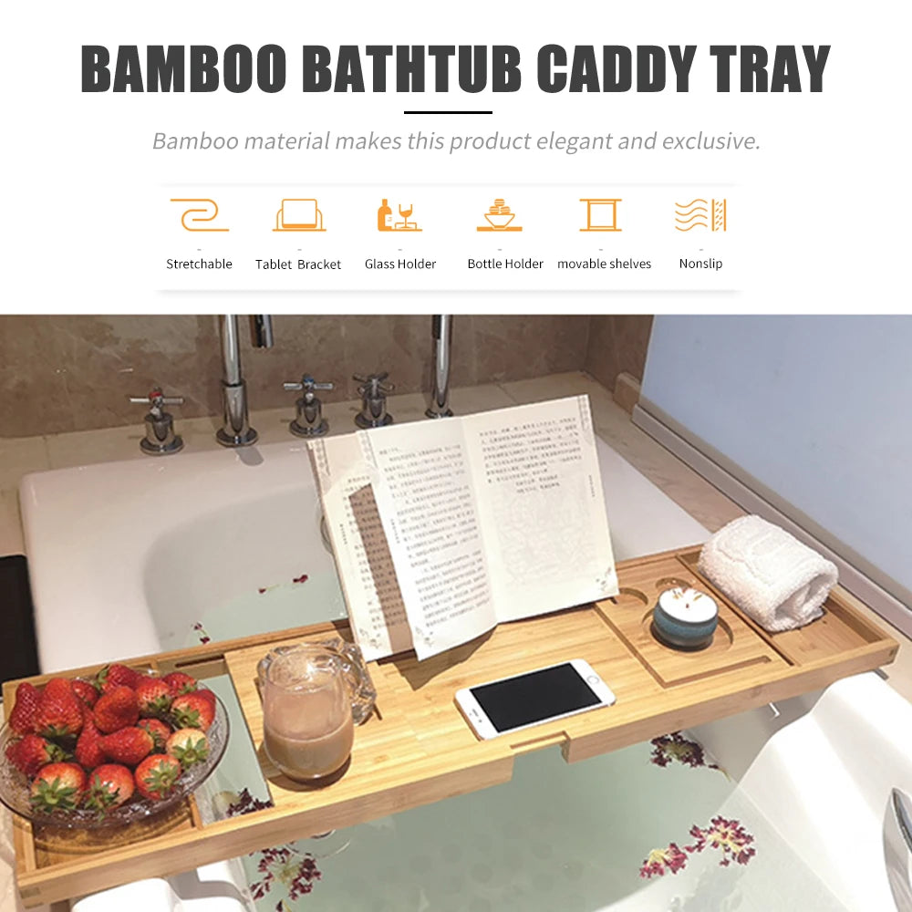 Bamboo Bathtub Caddy Tray, Extendable Bath Tray with Book & Wine Holder