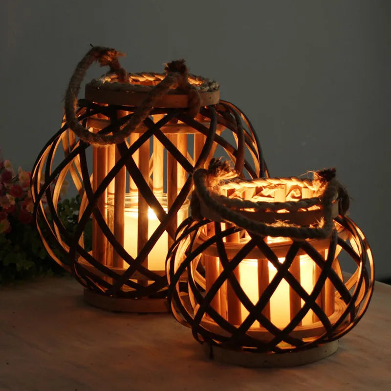 Woven Bamboo Lantern, LED Candle Lantern with Rope Handle