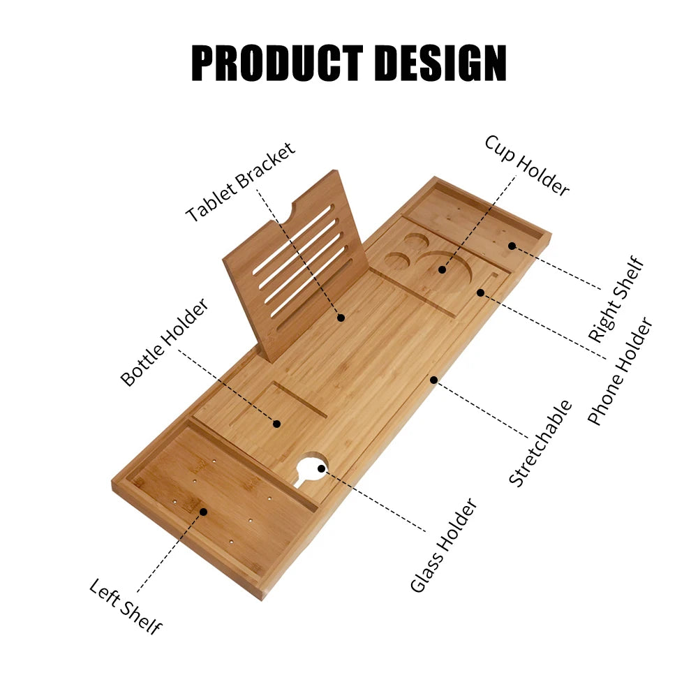 Bamboo Bathtub Caddy Tray, Extendable Bath Tray with Book & Wine Holder