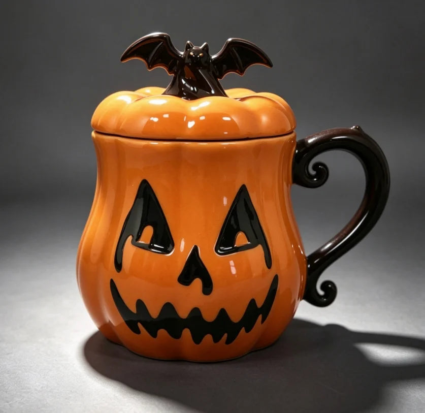 Jack-o'-Lantern Mug with Lid, Ceramic Pumpkin Cup (300ml)