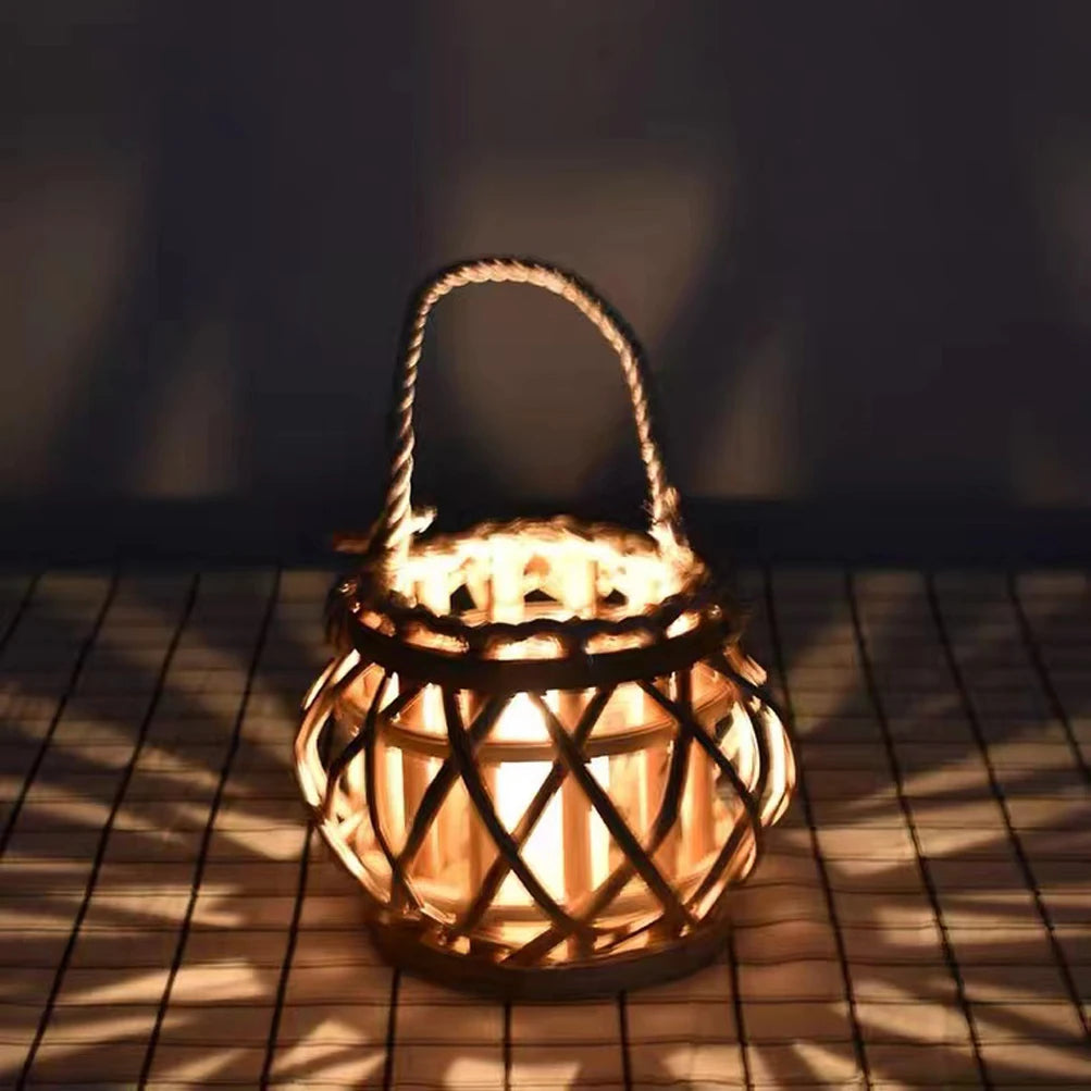 Woven Bamboo Lantern, LED Candle Lantern with Rope Handle