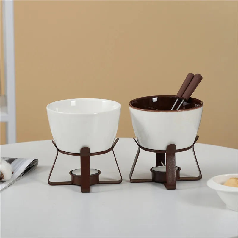 Ceramic Fondue Set, Tealight Chocolate & Cheese Pot with Forks