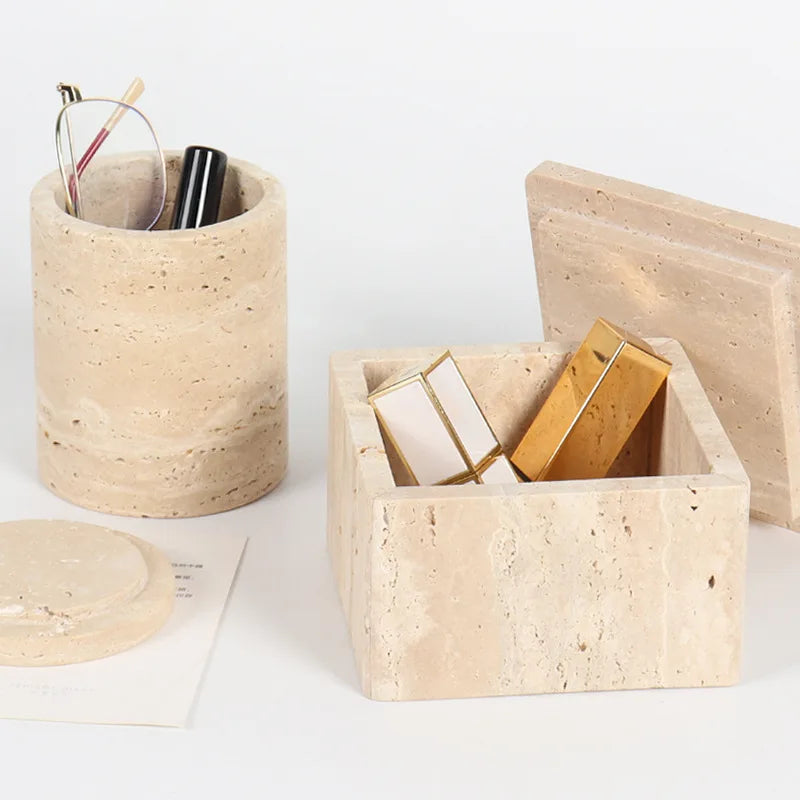 Travertine Stone Canister, Lidded Vanity Storage Box