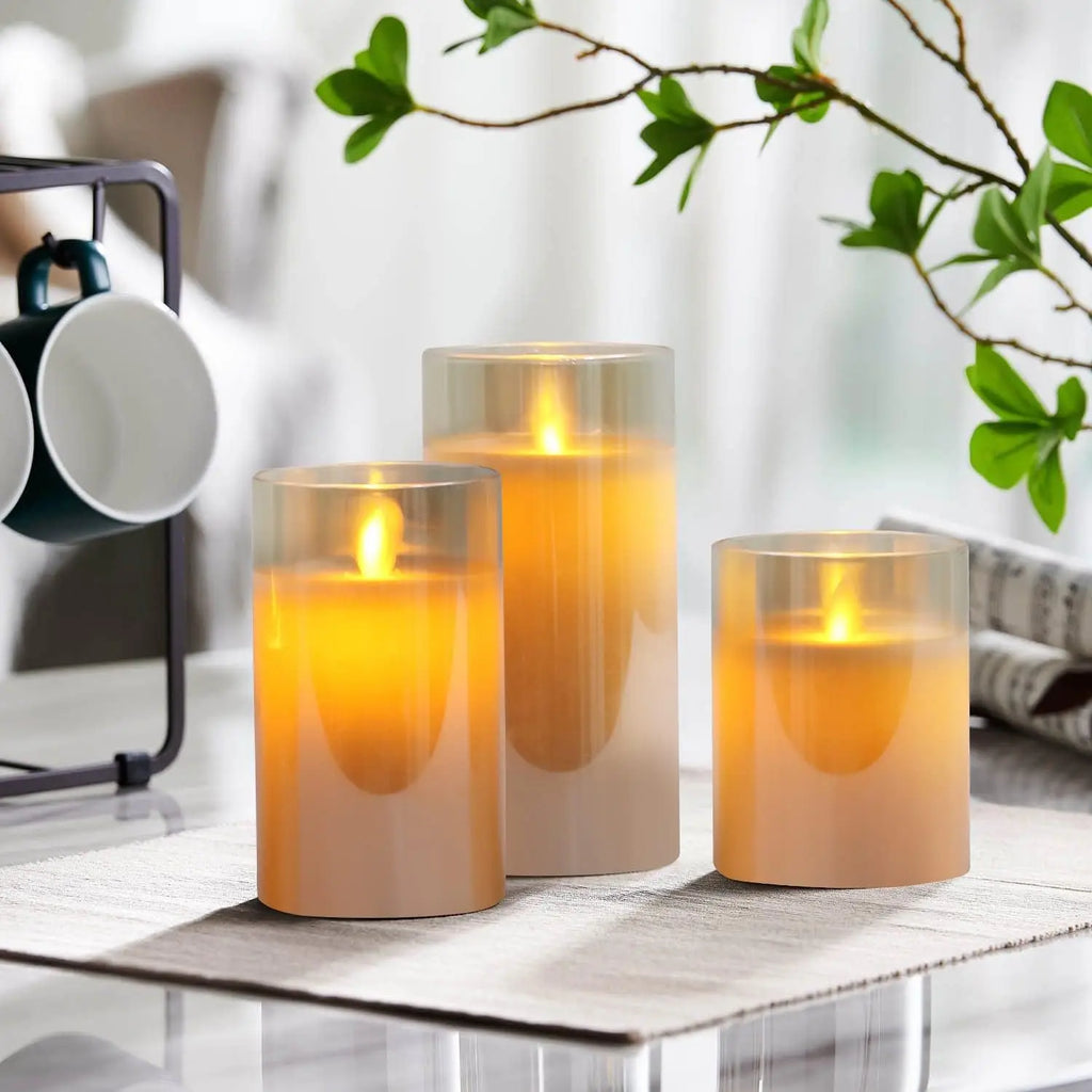 Real Wax Flameless Pillar Candles, Rechargeable LED Set of 3 in Glass